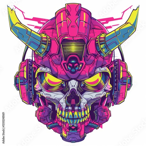 Mecha Skull. Futuristic Cyborg Skull Illustration with Horns, Perfect for Sci-Fi and Cyberpunk Designs