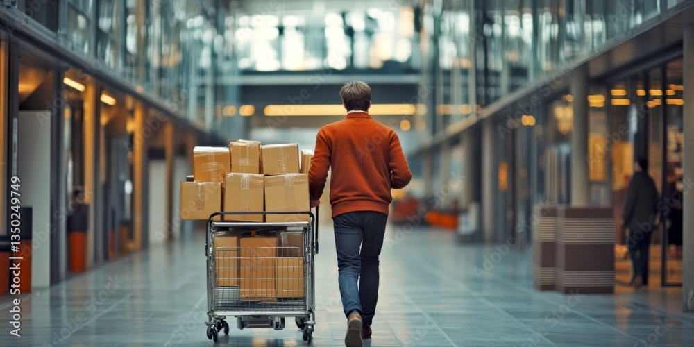 Obraz premium A man pushing a cart filled with boxes in a modern building. The scene conveys a sense of industry and purpose. This image captures the essence of logistics and delivery. AI
