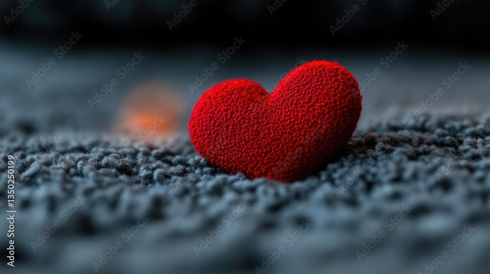 Obraz premium Red textured heart resting on a dark grey fuzzy surface with warm bokeh light in the background.