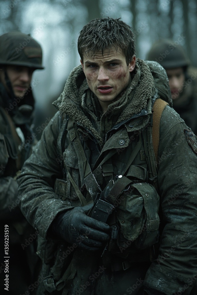 Fototapeta premium Soldier preparing for mission in rugged military attire during a cold, overcast day in a dense forest