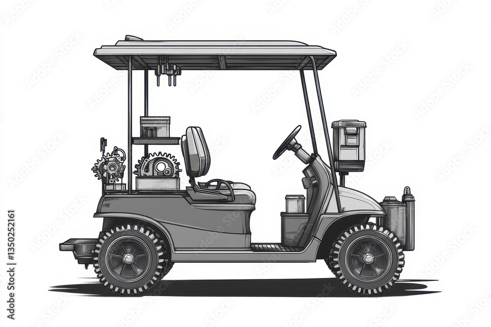 Naklejka premium Detailed Illustration of a Unique Golf Cart with Mechanical Features