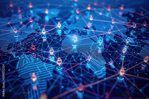 Virtual staff augmentation tech illustration blur, showing global talent network integration on a world map.