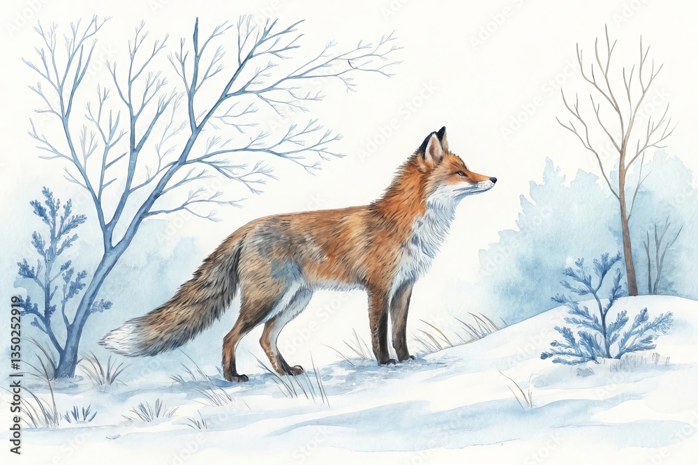 Obraz premium Fox standing gracefully in a snowy landscape surrounded by trees and delicate winter flora