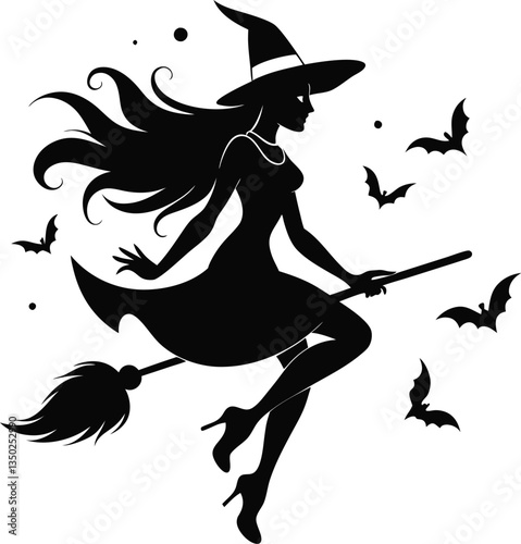 Silhouette of Witch Flying on Broomstick with High Heels and Moon