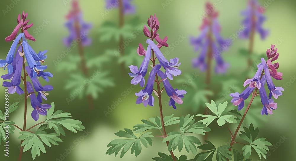Obraz premium Blooming Corydalis Flowers in Natural Setting Spring Blossom Digital Art