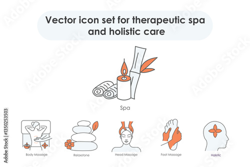 Vector icon set for therapeutic spa and holistic care. Includes body and foot massage, head therapy, spa essentials, and mindfulness symbols.