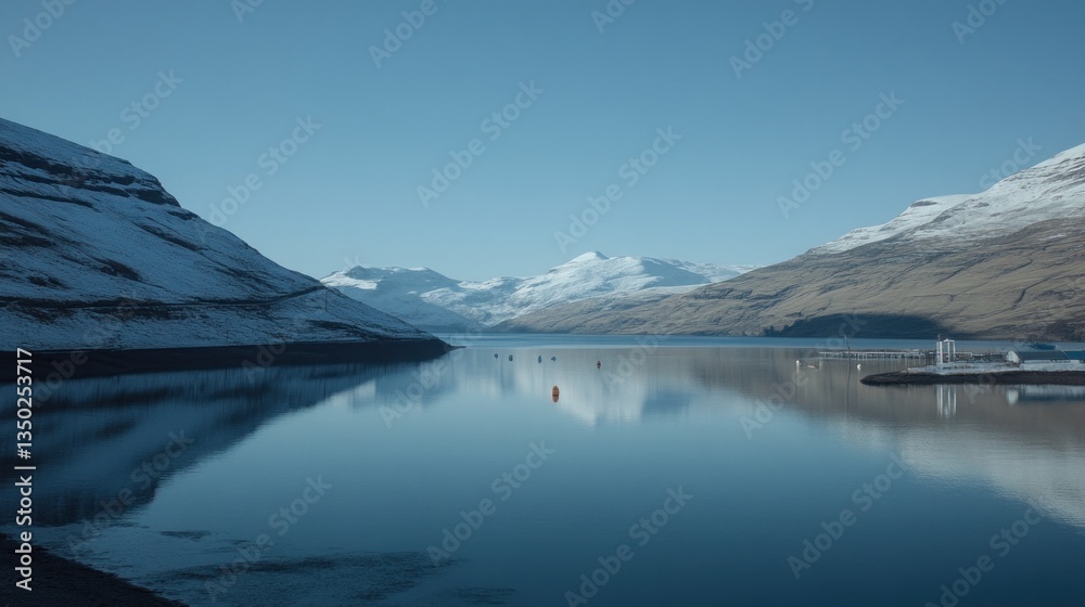 Obraz premium Calm winter fjord reflecting snow-capped mountains