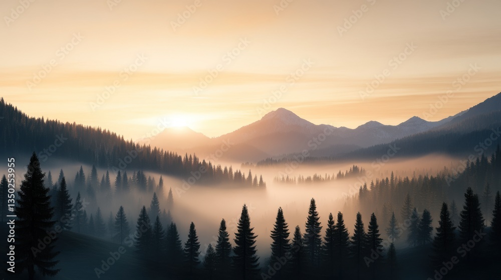 Fototapeta premium Misty Sunrise Over Mountain Range with Evergreen Forest in Tranquil Landscape