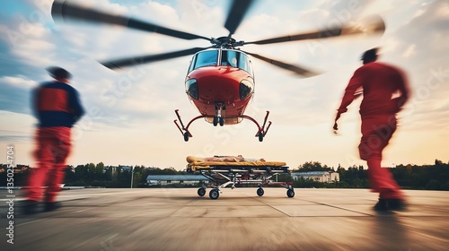Helicopter Landing with Patient on Stretcher for Emergency Medical Evacuation