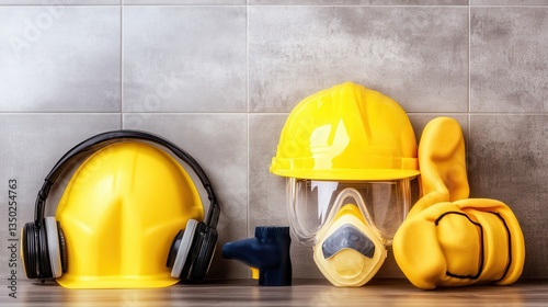 Safety equipment including helmets, gloves, and masks arranged on a tiled surface for industrial use photo