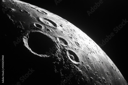 Close-up lunar surface craters, space exploration
