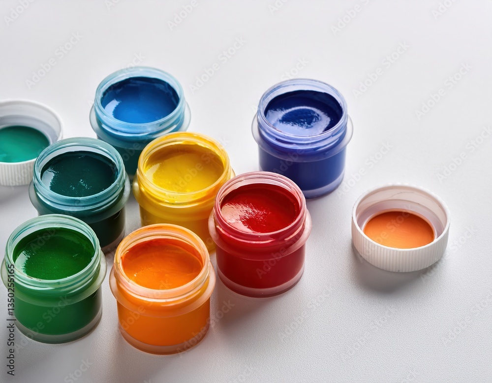 Various colors of open paint pots on a white surface Various colors of open paint pots on a white surface