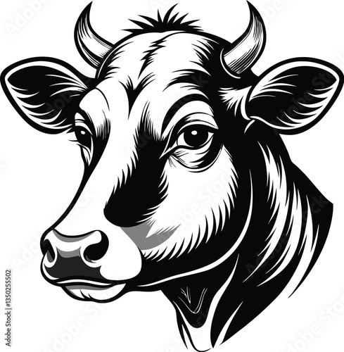 Black and White Cow Head Illustration