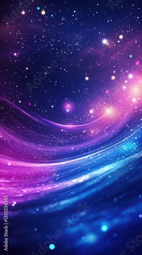 Abstract background with swirling blue and purple waves, stars twinkling in the sky, digital art, space theme, fantasy elements, cosmic glow, starry night atmosphere, cosmic ambiance