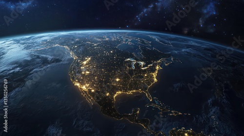 Fototapeta Naklejka Na Ścianę i Meble -  Night view of North America from space, showcasing city lights against a starry backdrop; ideal for educational/travel use