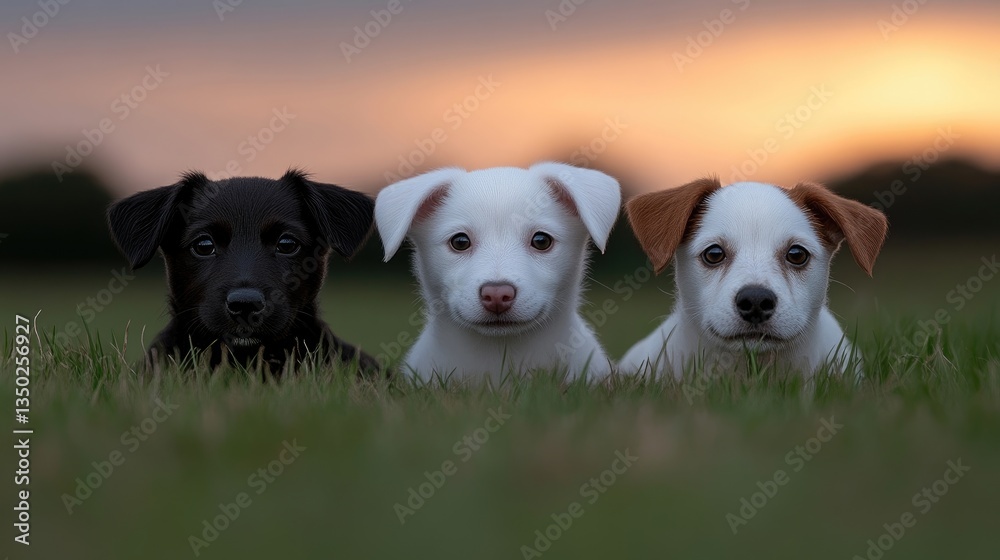 Adorable puppies in a field at sunset. Three small dogs, black, white, and tri-colored, lie in a grassy field. The warm sunset light bathes the scene in a golden hue Adorable puppies in a field at sunset. Three small dogs, black, white, and tri-colored, lie in a grassy field. The warm sunset light bathes the scene in a golden hue
