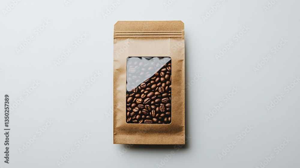 Coffee beans in kraft paper bag with transparent window, centered, on white Coffee beans in kraft paper bag with transparent window, centered, on white