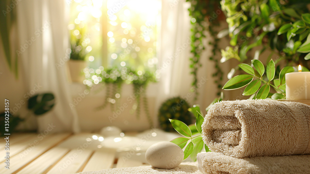 Spa Setup with White Towel, Eucalyptus, and Floral Layout Spa Setup with White Towel, Eucalyptus, and Floral Layout