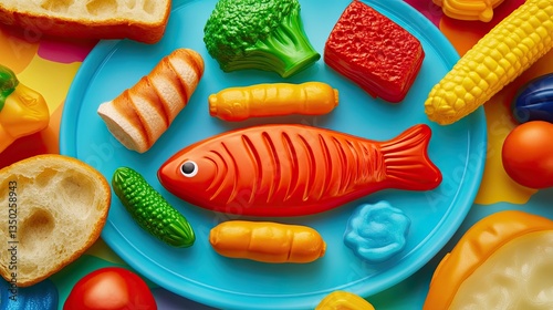 A vibrant arrangement of plastic toy food—fish, bread, and vegetables—on a plate, offering a playful yet pointed critique of modern diet culture and the artificiality of processed, junk food norms.
