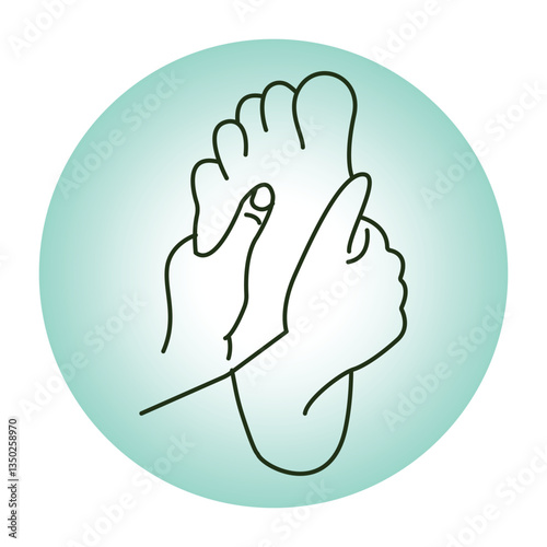 Vector icon for foot massage and reflexology. Highlights hands massaging feet, representing relaxation and therapeutic benefits.