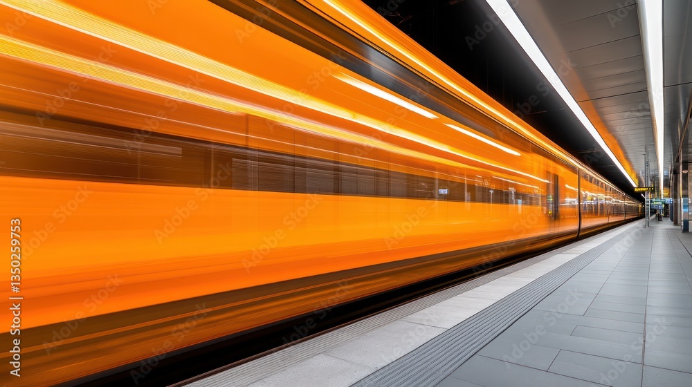 Fototapeta premium Orange train speeding through modern station platform