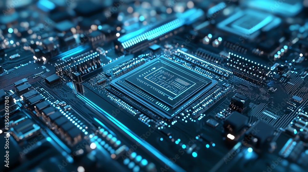 Close-up of Computer Circuit Board Glowing Blue with Intricate Details Close-up of Computer Circuit Board Glowing Blue with Intricate Details
