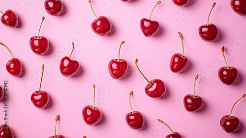 Cherry pattern with cherries arranged on a pink background, captured from the top view.
