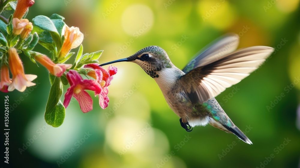 Fototapeta premium A small hummingbird feeds on a flower with open wings in flight