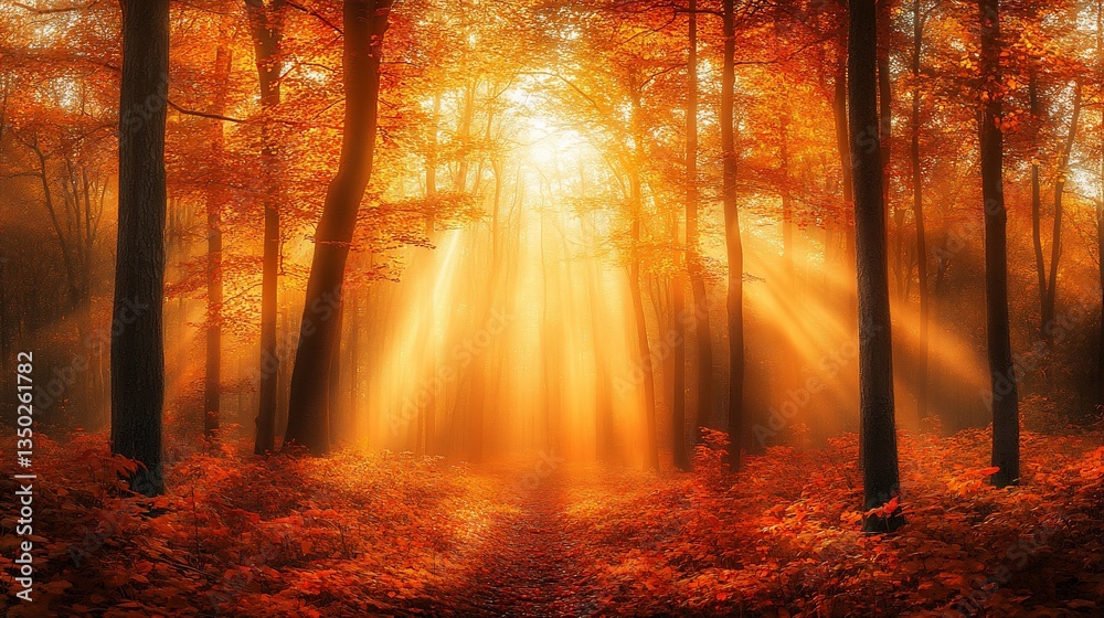 Obraz premium Sunbeams through autumn trees on forest path with fallen leaves background