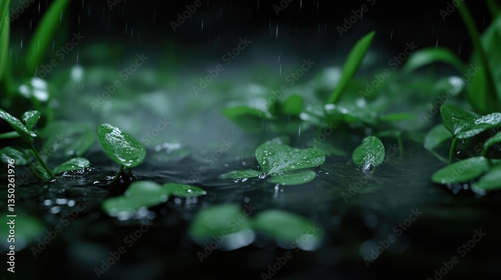 Lush green plants in a misty rain shower.  Close-up view of foliage, water droplets, and a dark, humid atmosphere