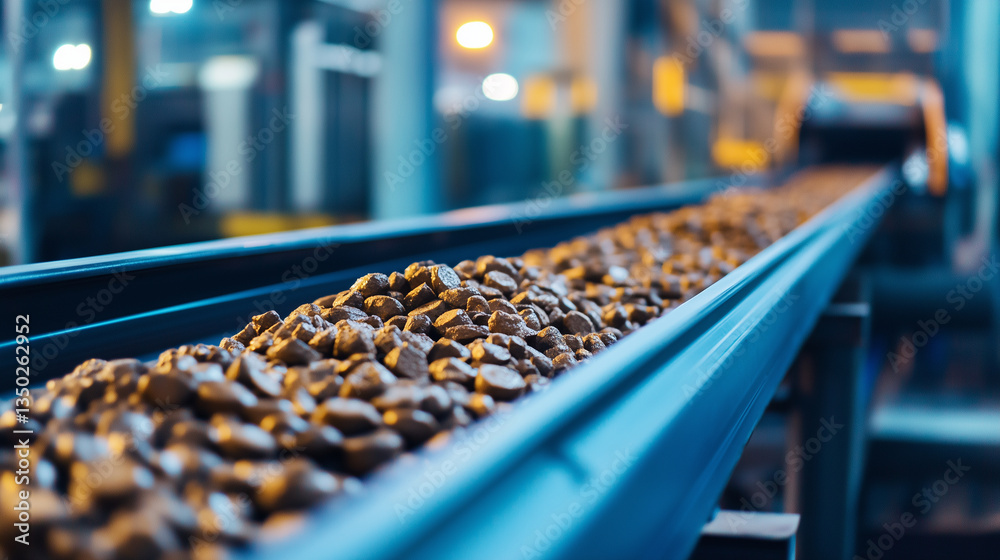 Fototapeta premium A close-up view of a conveyor belt transporting raw mined materials in an industrial facility. The image represents the mining industry, resource extraction, and the logistics of m