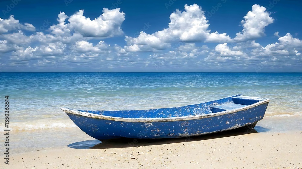 Blue boat on sandy beach under sunny sky. Blue boat on sandy beach under sunny sky.