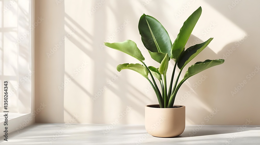 Fototapeta premium Indoor plant in a beige pot, sunlight