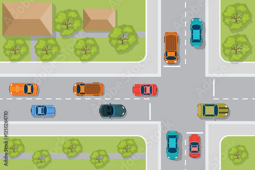 Crossroads in the town on top view. Vector illustration.
