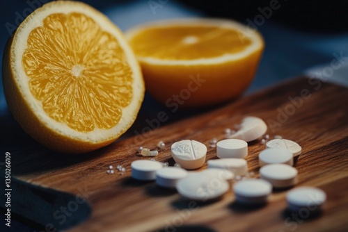 A wooden cutting board topped with orange slices and pill packaging, great for a kitchen or health-related concept