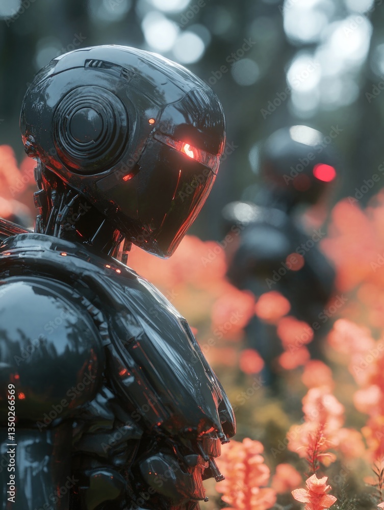 Fototapeta premium A robot standing amidst a vibrant field of colorful flowers