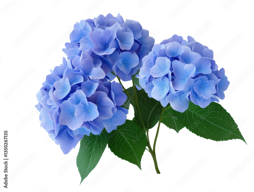 Beautiful blue hydrangeas arranged elegantly with green leaves in a bright setting Beautiful blue hydrangeas arranged elegantly with green leaves in a bright setting