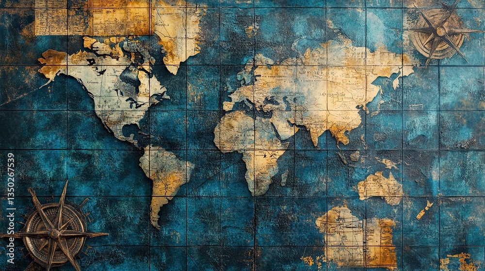 Fototapeta premium Old blue map collage background, evoking sea voyages, discoveries, pirates, sailors, geography, and history—a perfect nautical and travel-themed design.