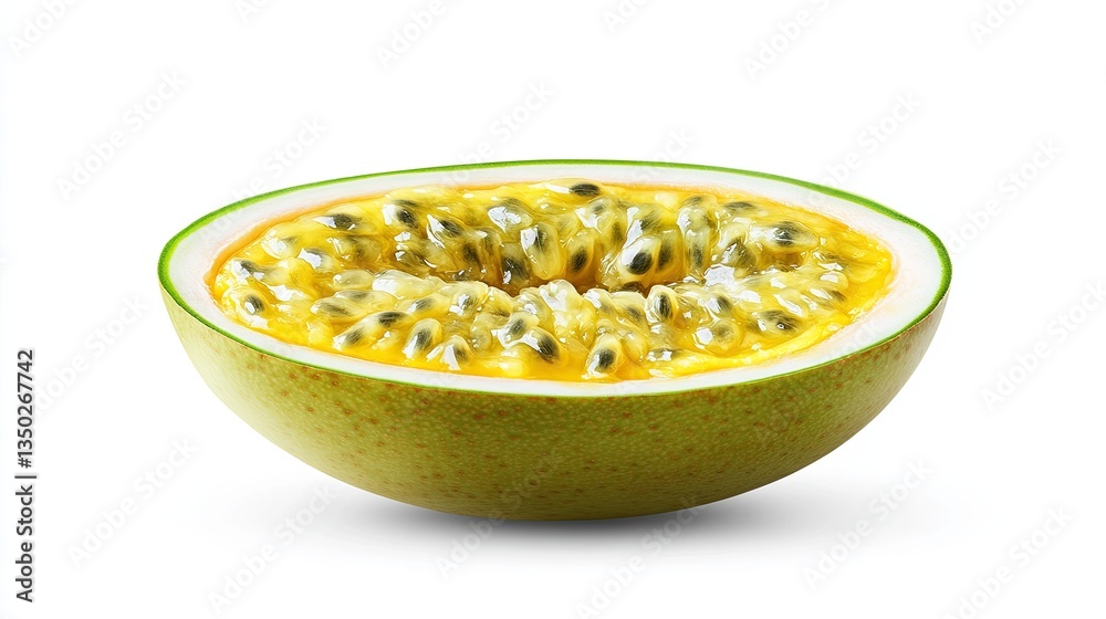 Half of a passion fruit (maracuya) isolated on a white background with a clean clipping path. Half of a passion fruit (maracuya) isolated on a white background with a clean clipping path.