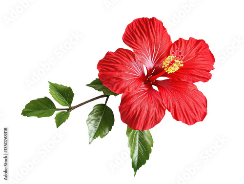 Vibrant red hibiscus flower with green leaves close-up in bright background