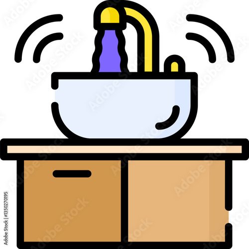 A bathroom sink with running water faucet and cabinets underneath. Ideal for apps related to home renovation, interior design, or plumbing services.