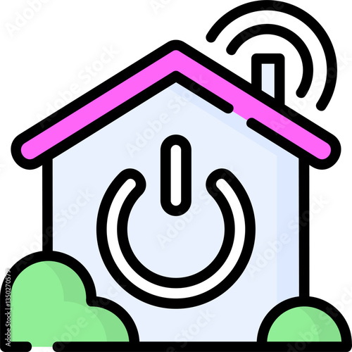 A house icon with a power button symbolizes smart home technology. Perfect for apps or websites related to home automation energy management or remote control systems.