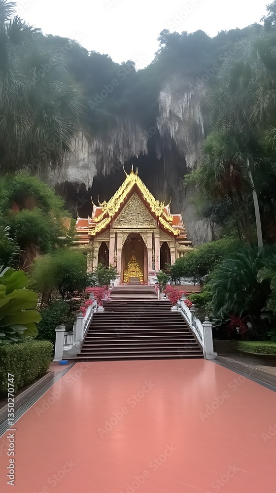 Naklejka premium Golden Temple Steps for Cave Shrine, Lush Landscape.