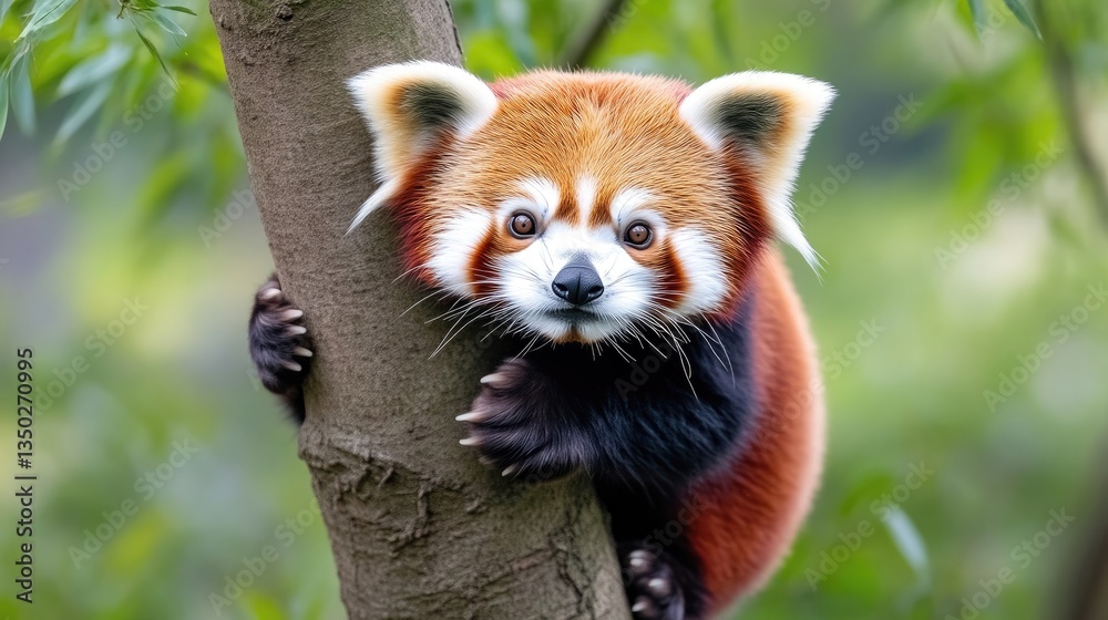 Cute red panda clinging to a tree