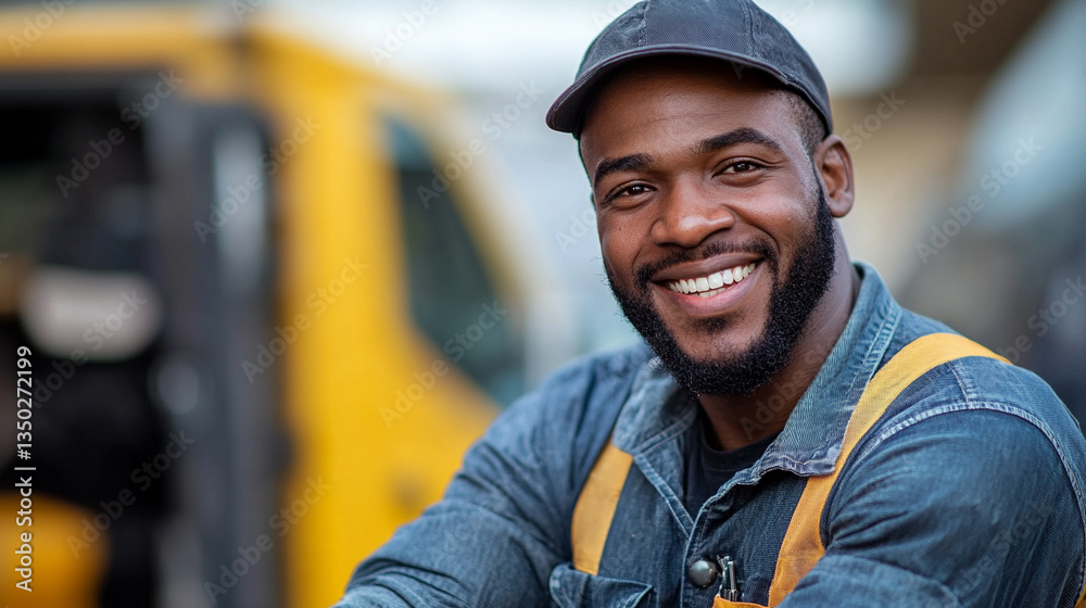 Smiling worker in denim jacket at construction site