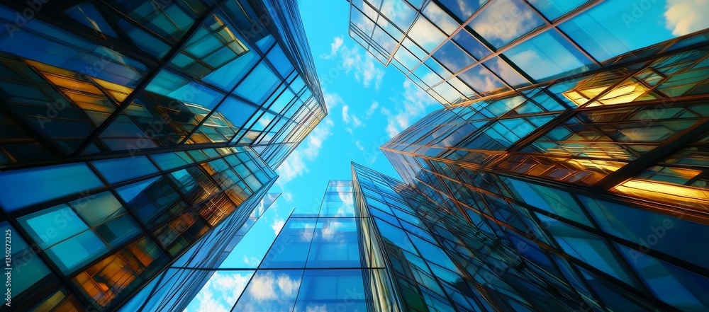 Empty skyscrapers in a modern business district are set against a vibrant blue sky, forming a bright and clean backdrop of high-tech offices