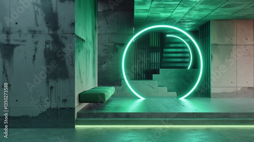 Green neon circle illuminates concrete lounge