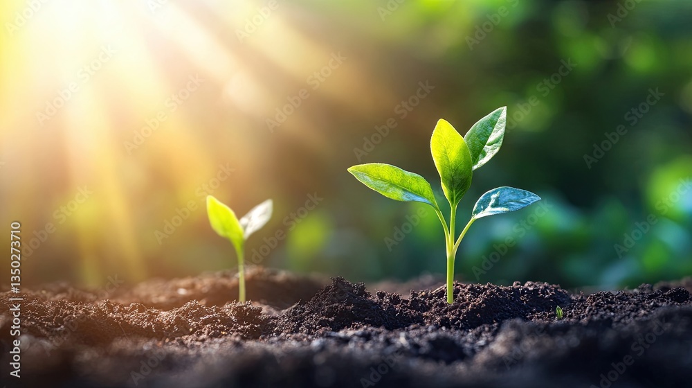A young green seedling emerges from rich soil under warm sunlight, symbolizing growth, success, and development—blending ecology with the evolution of business and prosperity.