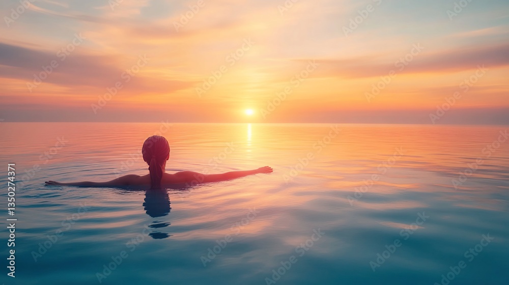 Sunset Serenity Woman floats in tranquil ocean Sunset Serenity Woman floats in tranquil ocean