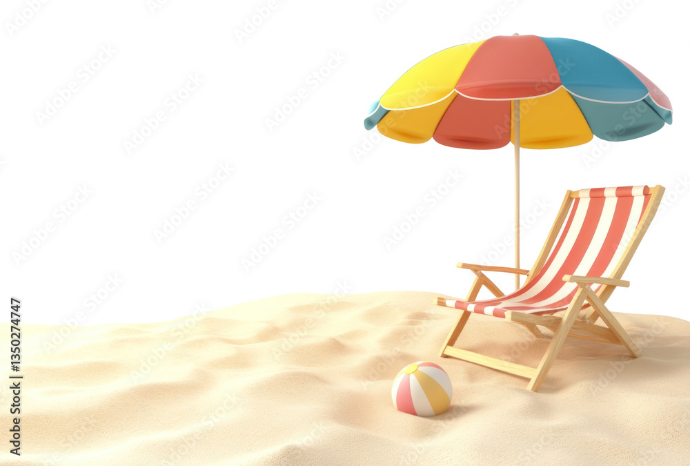 Fototapeta premium PNG A beach chair with beach umbrella summer ball sand.